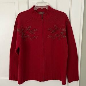 Woolrich Vintage Women's Lambs Wool Cardigan Sweater XL Embroidered Ruby Red